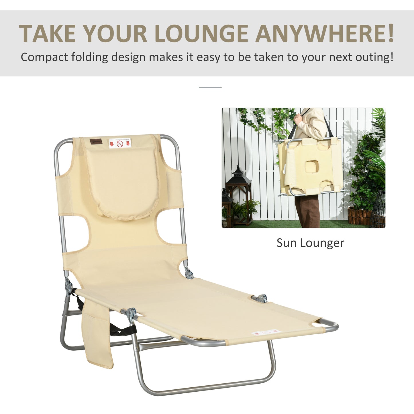 Adjustable Tanning Chair with Face Hole - Beige Folding Lounger