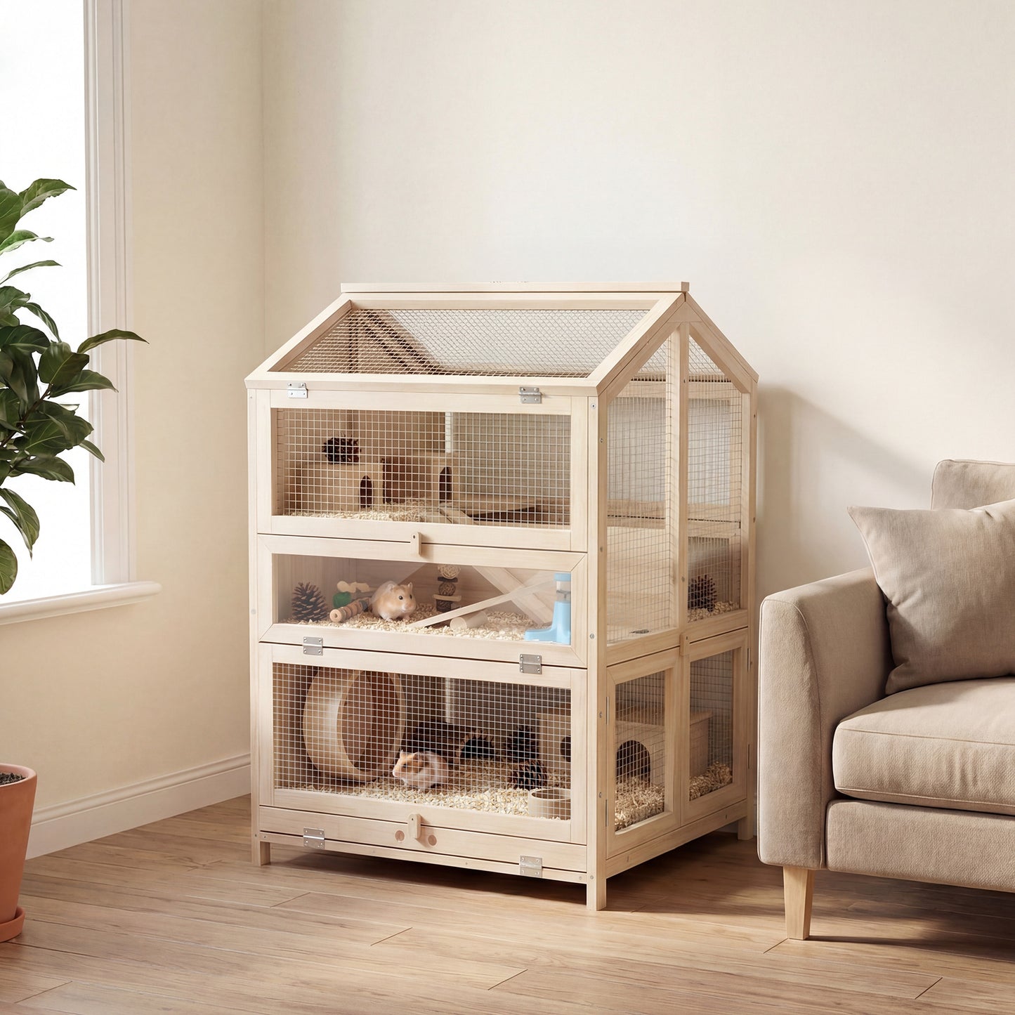 Large Wooden Hamster Cage 3-Tier with Pull-Out Tray & Openable Top