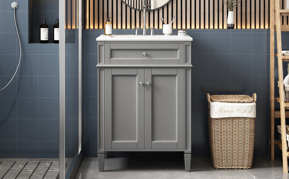24-Inch Gray Bathroom Vanity with Soft-Closing Doors & Drawer