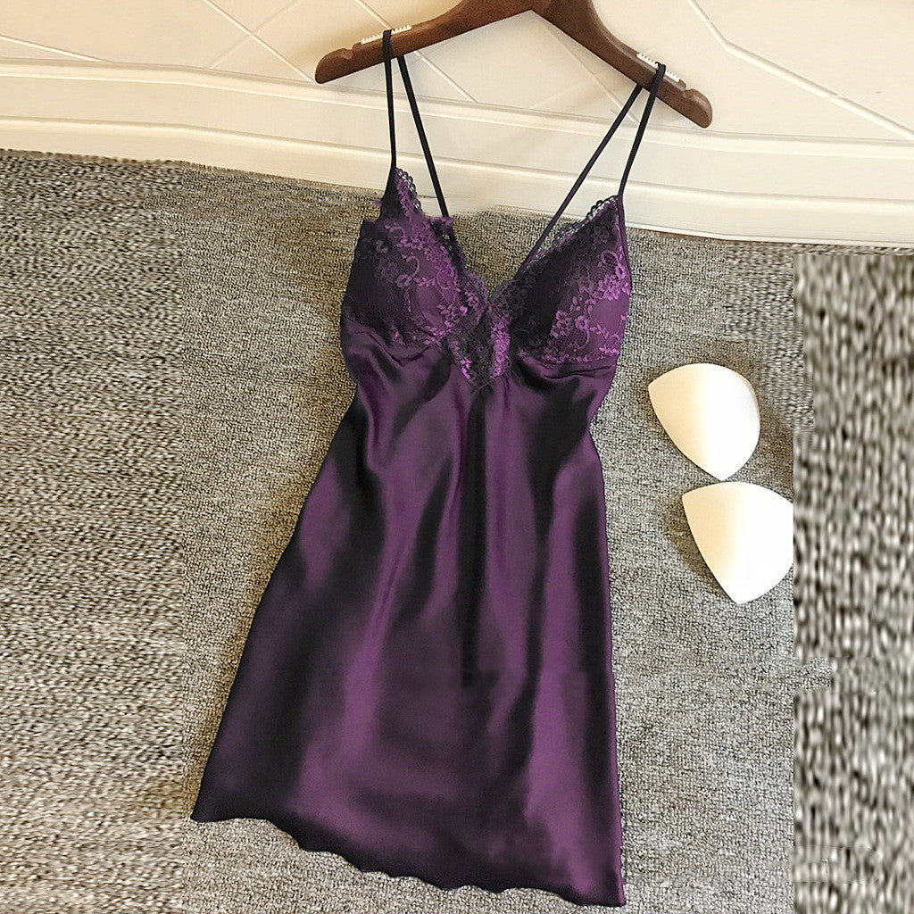Women's Satin Lingerie Pajamas Set with Chest Pad - Elastic Home Sleepwear
