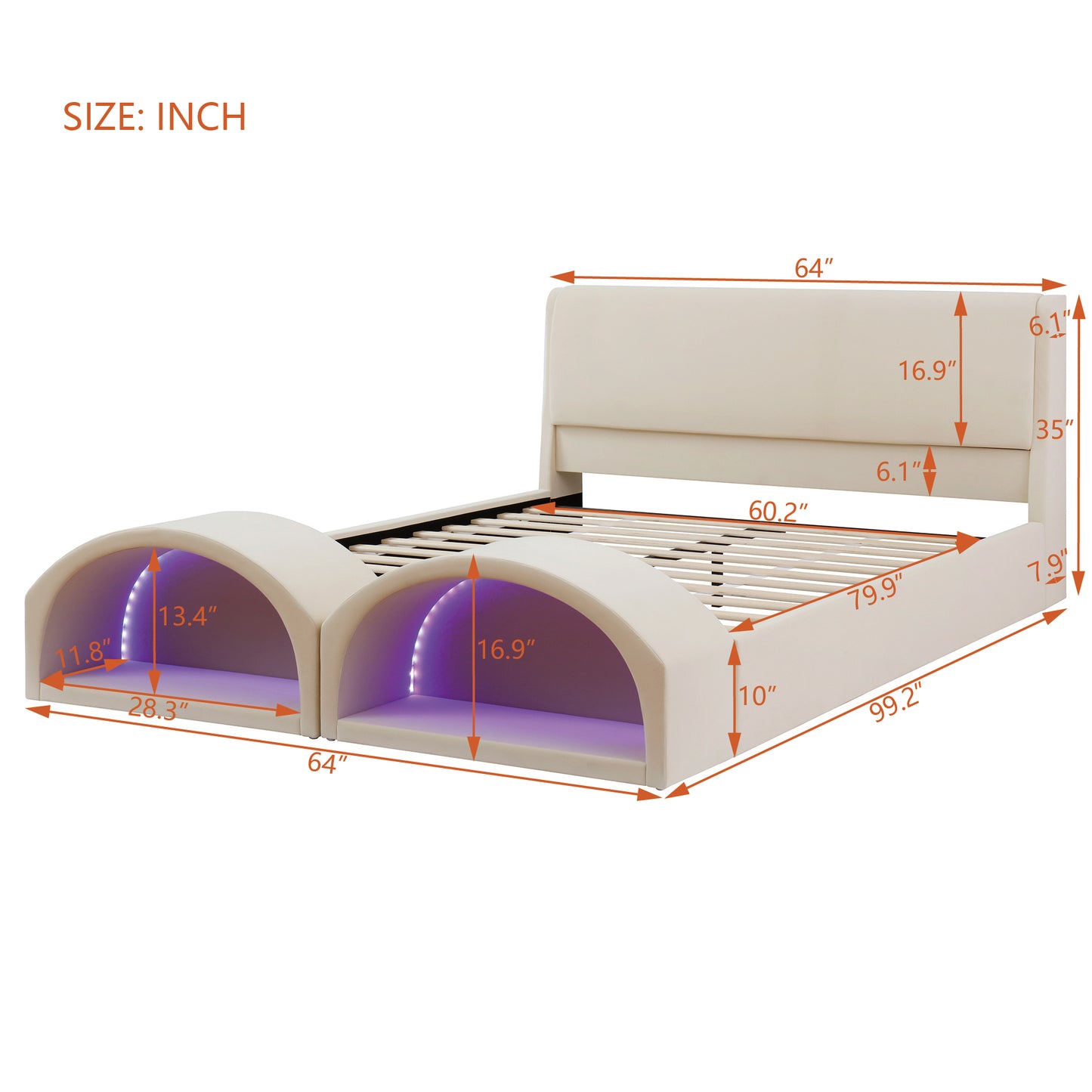 Queen Size Upholstered Platform Bed Frame with Dual Cat Caves & LED Pet Nests - Beige