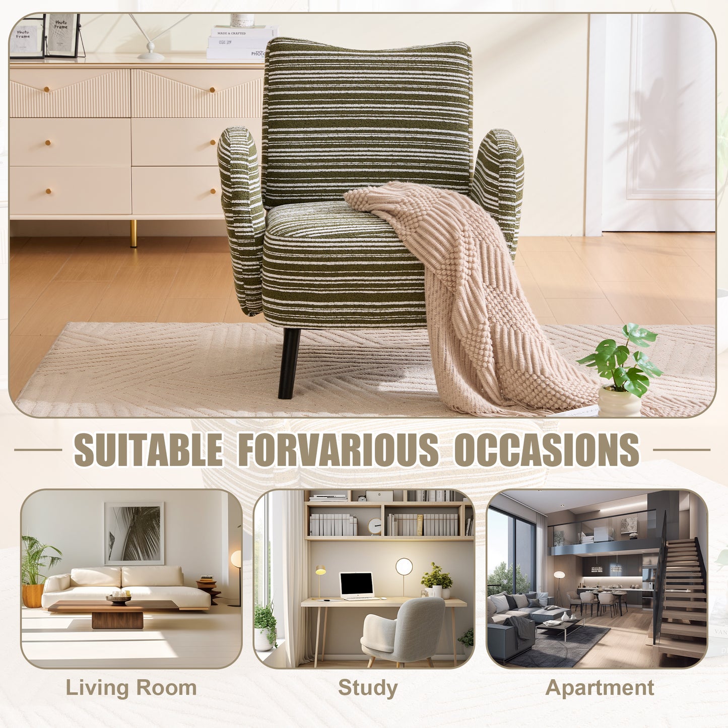 Modern Armchair with Side Pocket - Olive Green Reading Chair