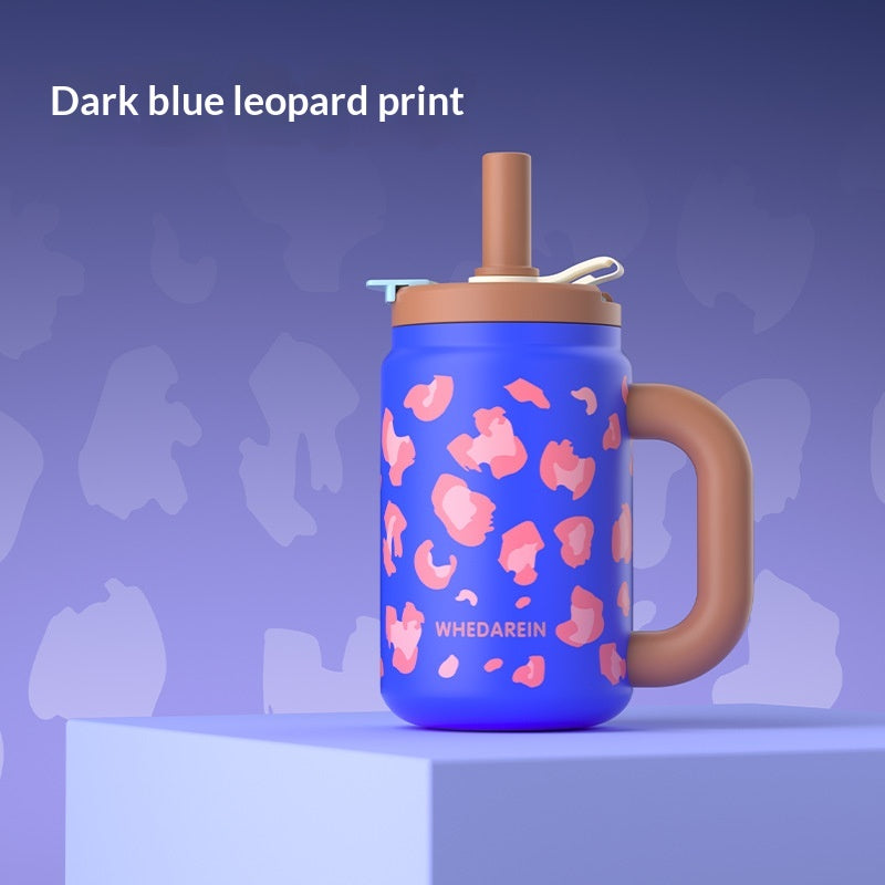 Large Capacity Insulated Stainless Steel Cup with Leopard Print - 800ml