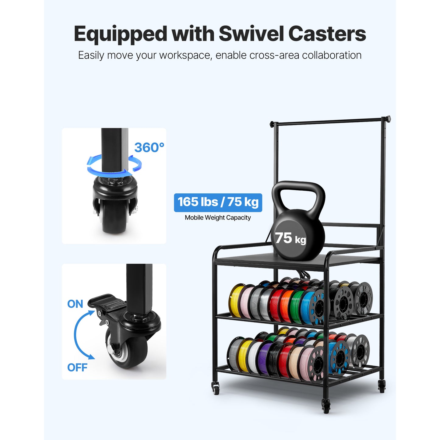 3D Printer Filament Storage Rack - 3-Tier Spool Organizer with Wheels