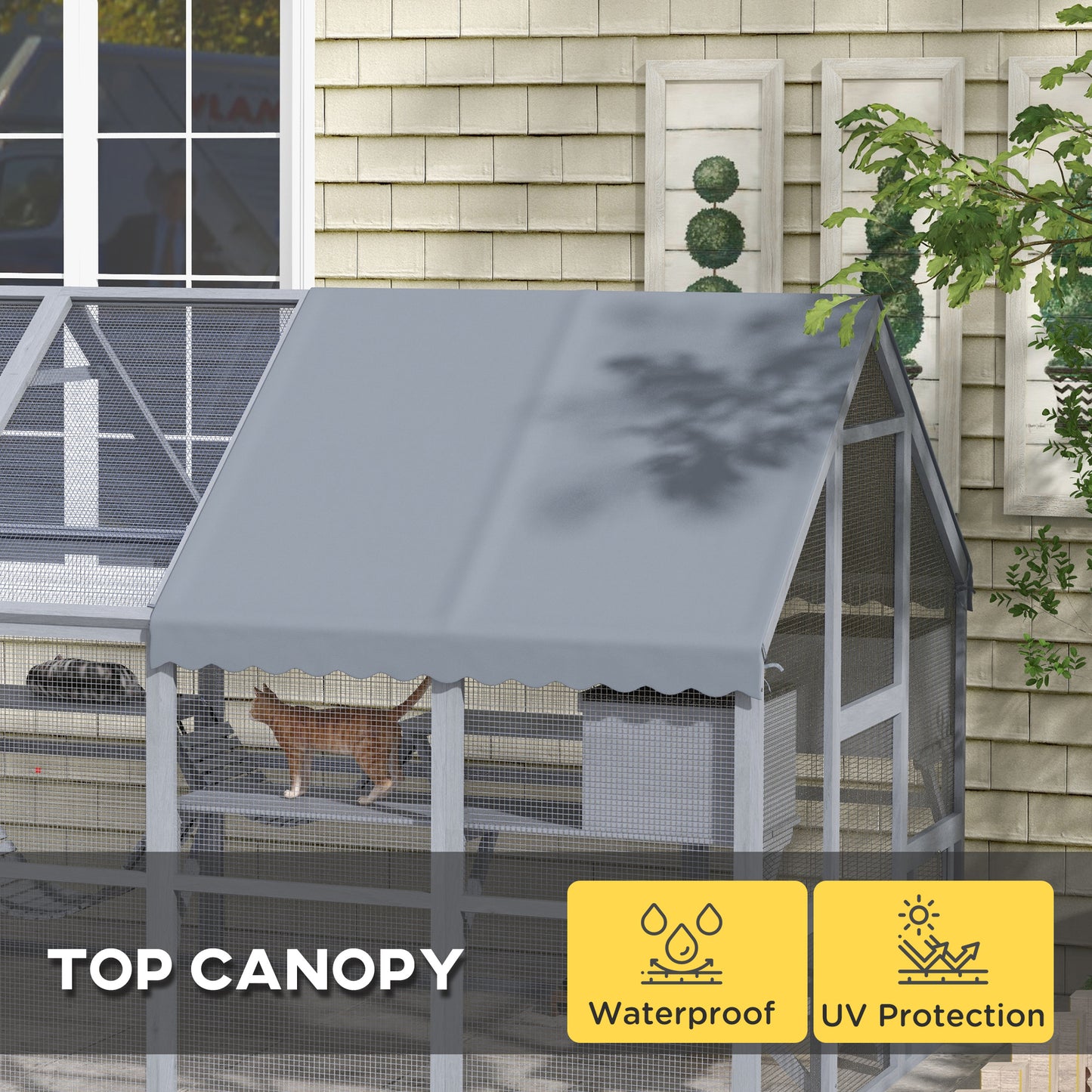 Outdoor Wooden Cat Enclosure with Waterproof Cover for 3-6 Cats