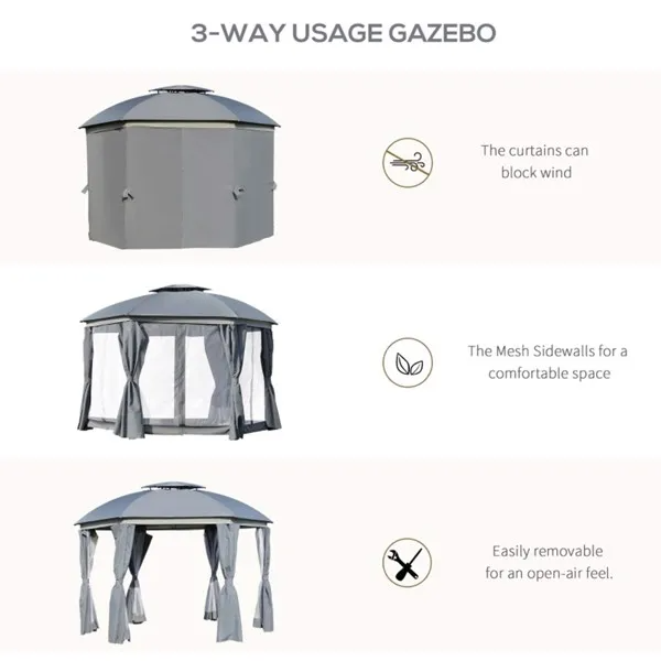 144" Round Outdoor Gazebo with Double Roof Canopy - Grey