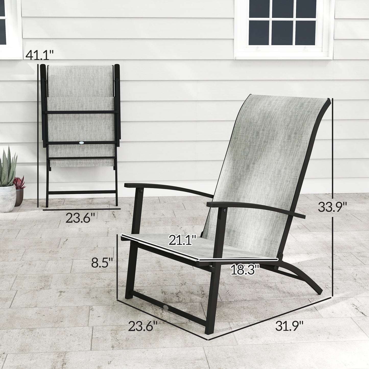 Set of 2 Folding Outdoor Dining Chairs - High Back & Armrests, Gray