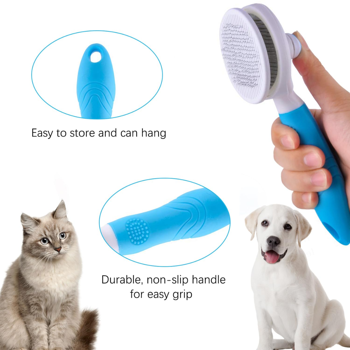 Self Cleaning Slicker Brush for Pets - Deshedding Grooming Tool for Cats, Dogs, Rabbits, Blue