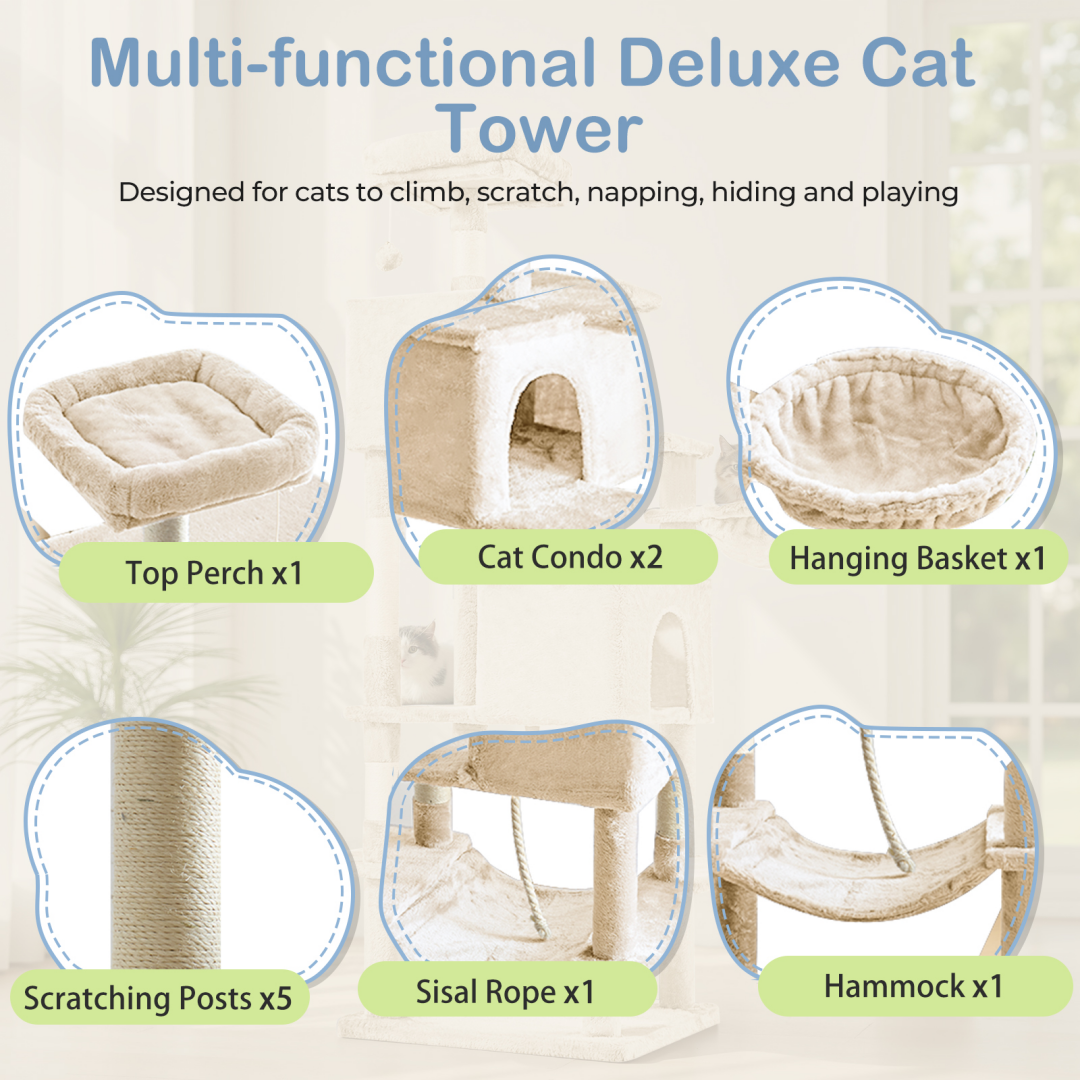 Large 66 Inch Multi-Level Cat Tree Tower with Condos & Hammock - Indoor Pet Furniture