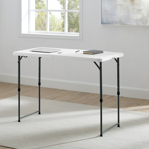4-Foot Folding Plastic Table - Adjustable Height, White