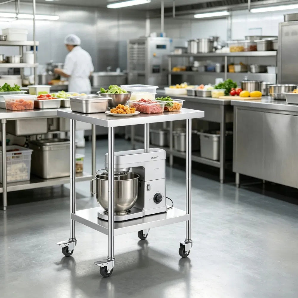 Sleek Metal Work Table With Easy To Clean And Adjustable Shelves For
