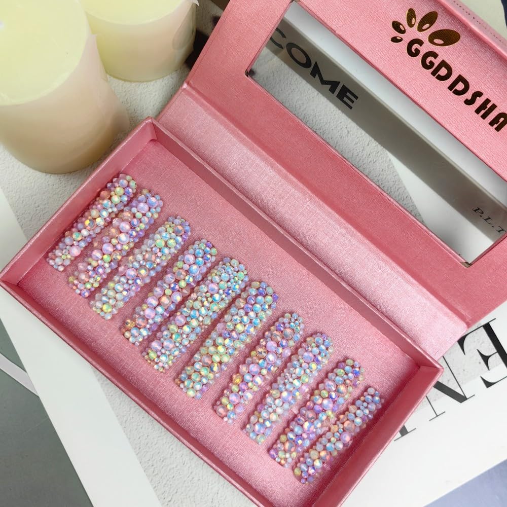 3D Crystal Press-On Nails - Pastel Galaxy Reusable Acrylic Fake Nails