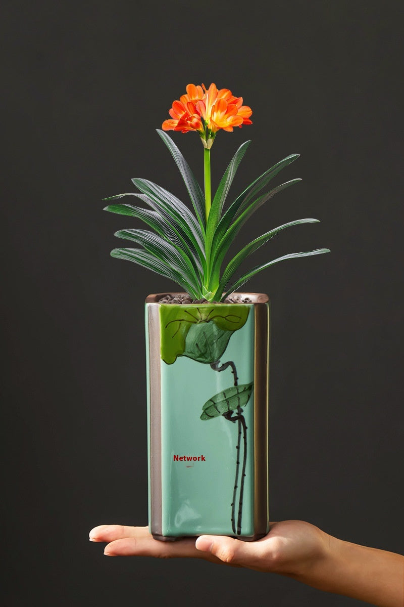 Indoor Decorative Ceramic Flower Pot with Support - Retro Square Design
