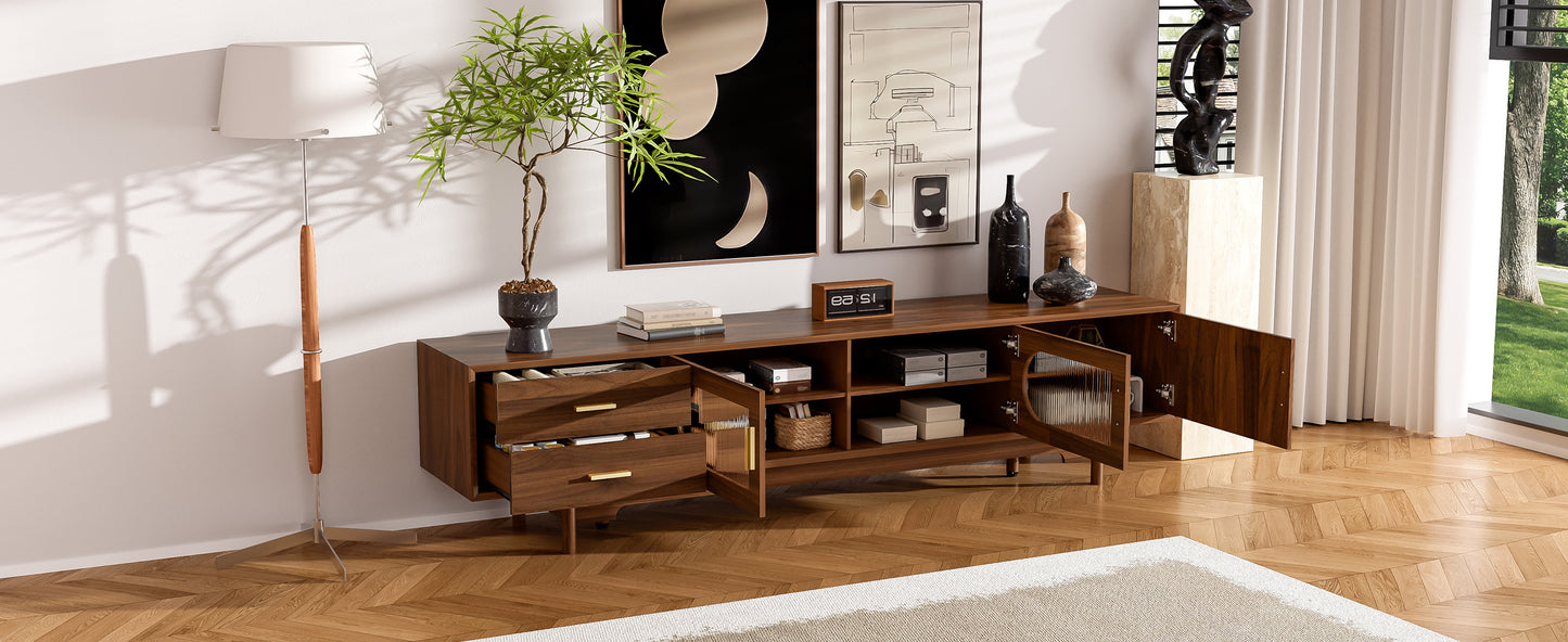 Modern 78-Inch TV Stand for TVs Up to 85" with Glass Doors & Drawers - Walnut