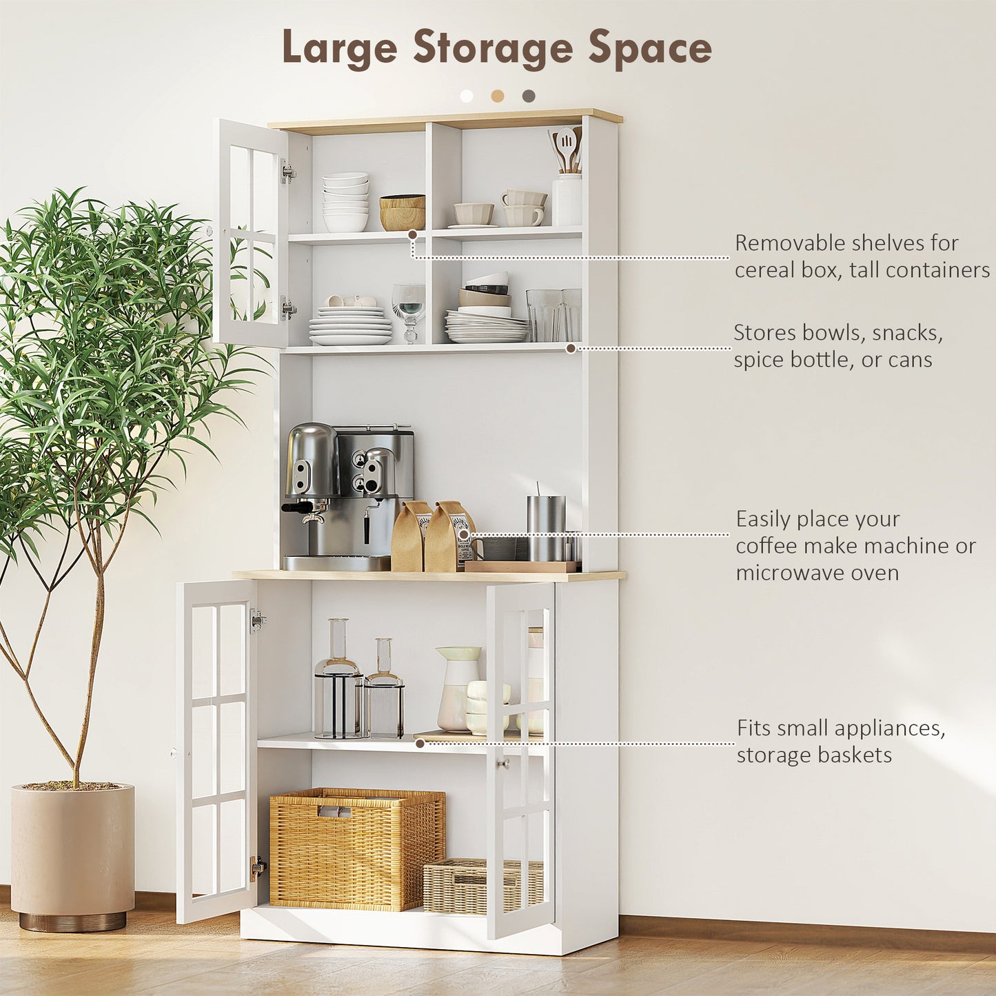 72" Freestanding Kitchen Pantry Cabinet with Hutch - White