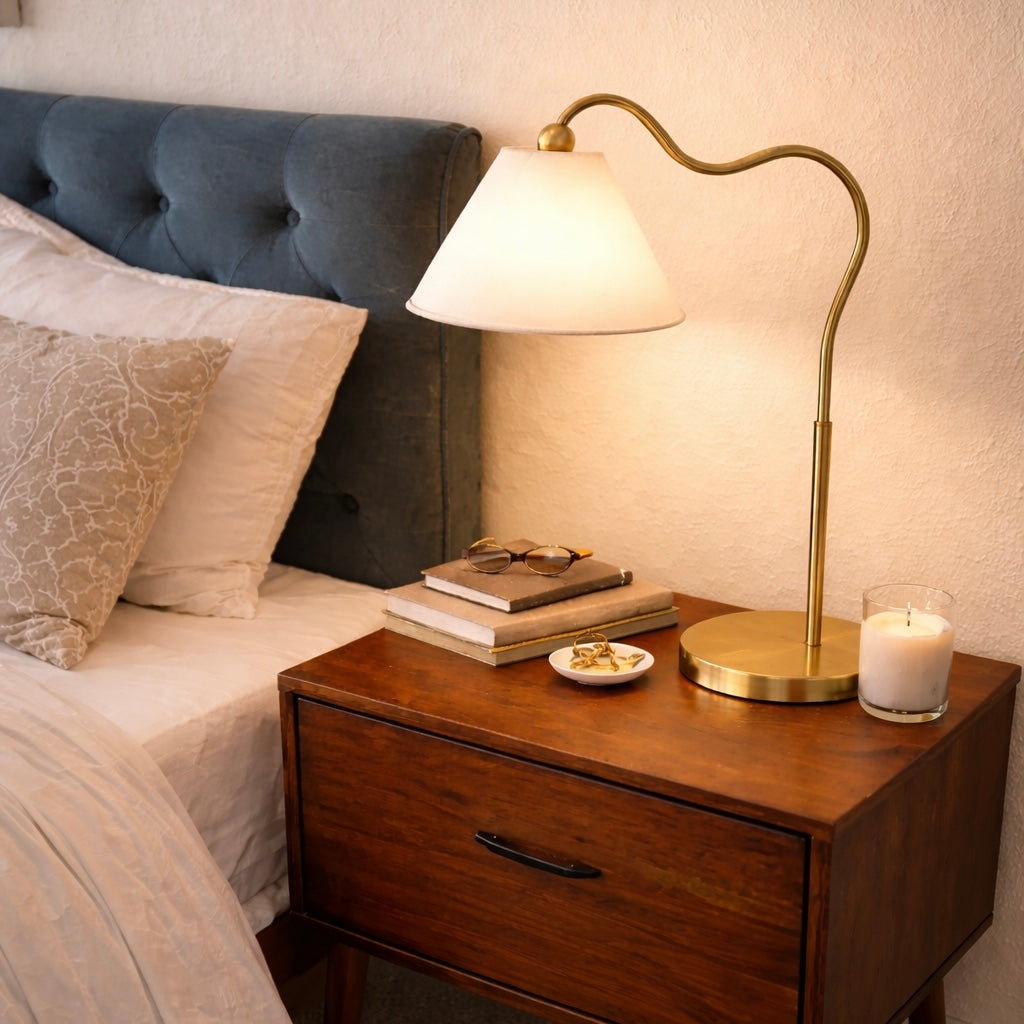 Ornate Brass Ring Base Curved Table Lamp With Triangle White Drum