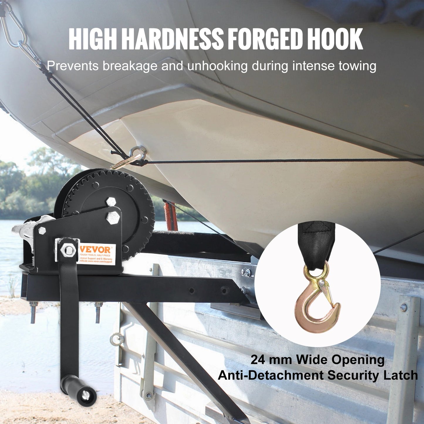 Heavy Duty Hand Winch 2000Lbs Pulling Capacity with 23ft Polyester Strap - Black