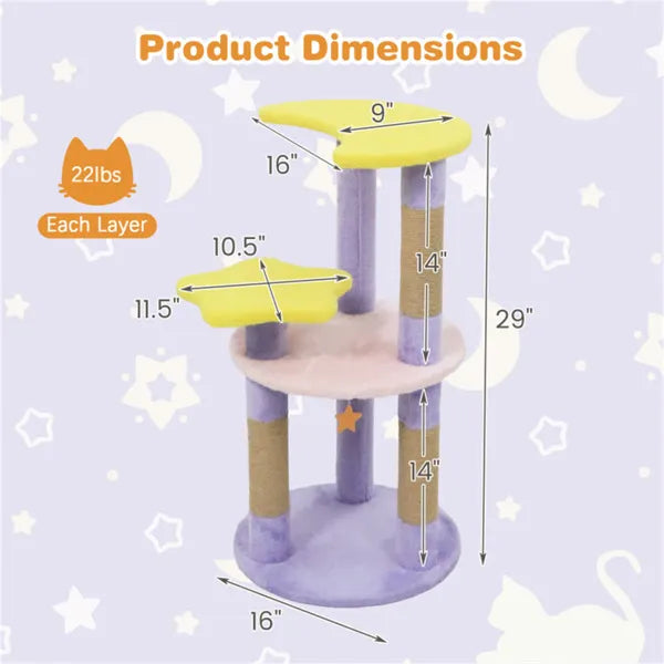 29-Inch Moon & Star Cat Tree with Multiple Levels, Scratching Posts & Anti-Tip for Cats