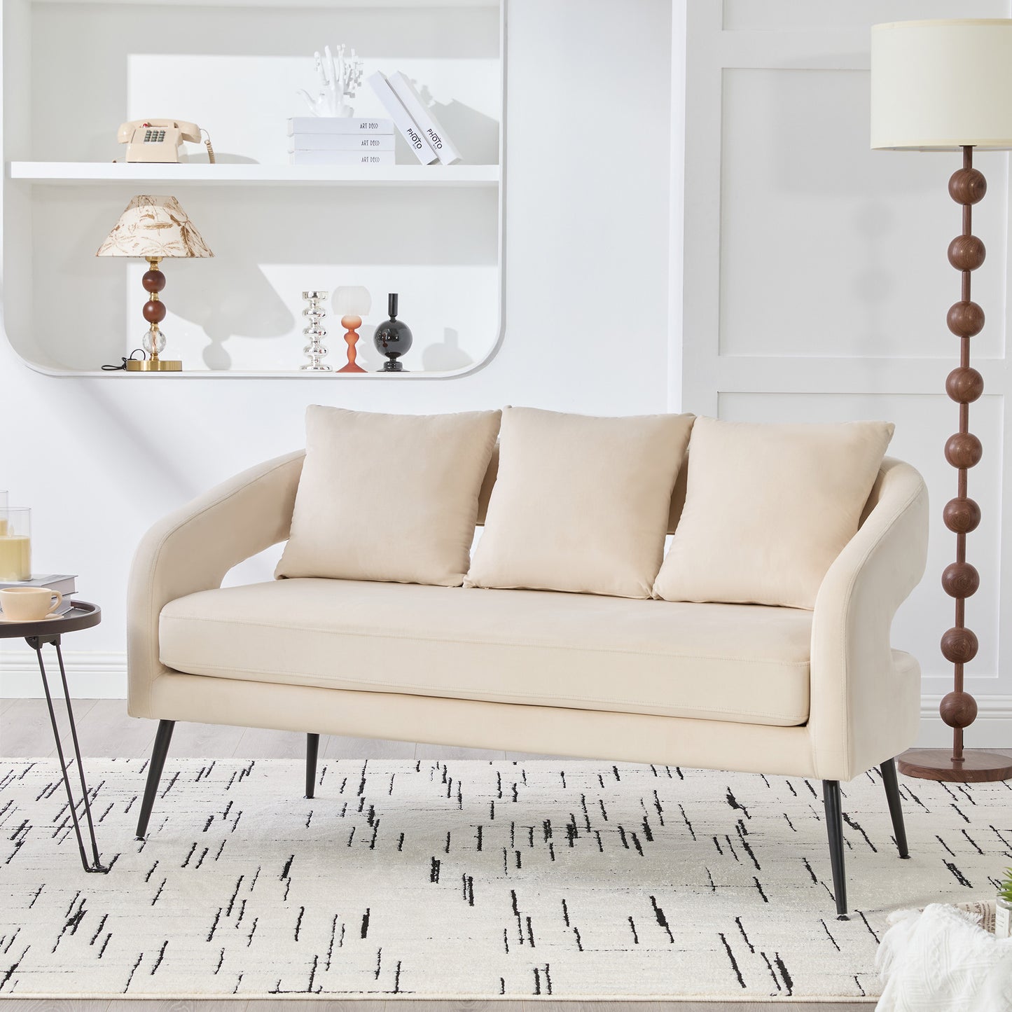 Modern Velvet Loveseat Sofa with 3 Pillows - Beige