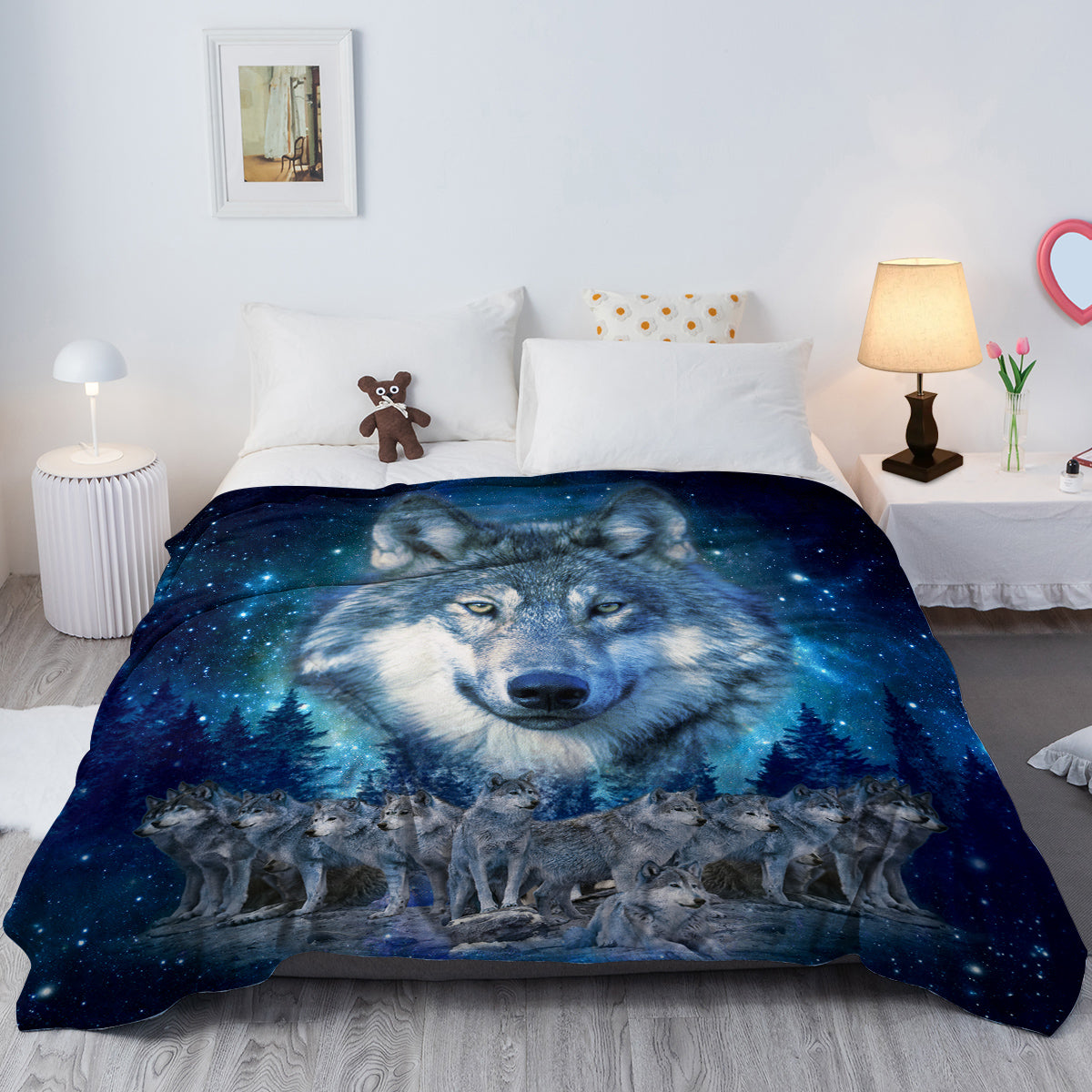 Starry Wolf Pack Flannel Sofa Blanket - Soft Warm Home Use Bedding Set