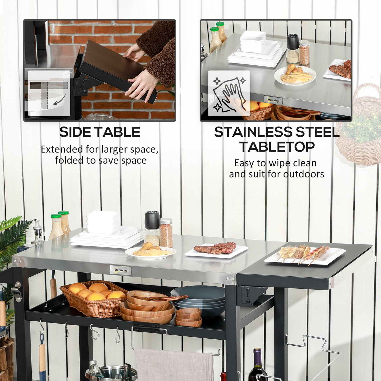3-Shelf Outdoor Grill Cart with Foldable Side Table - Black