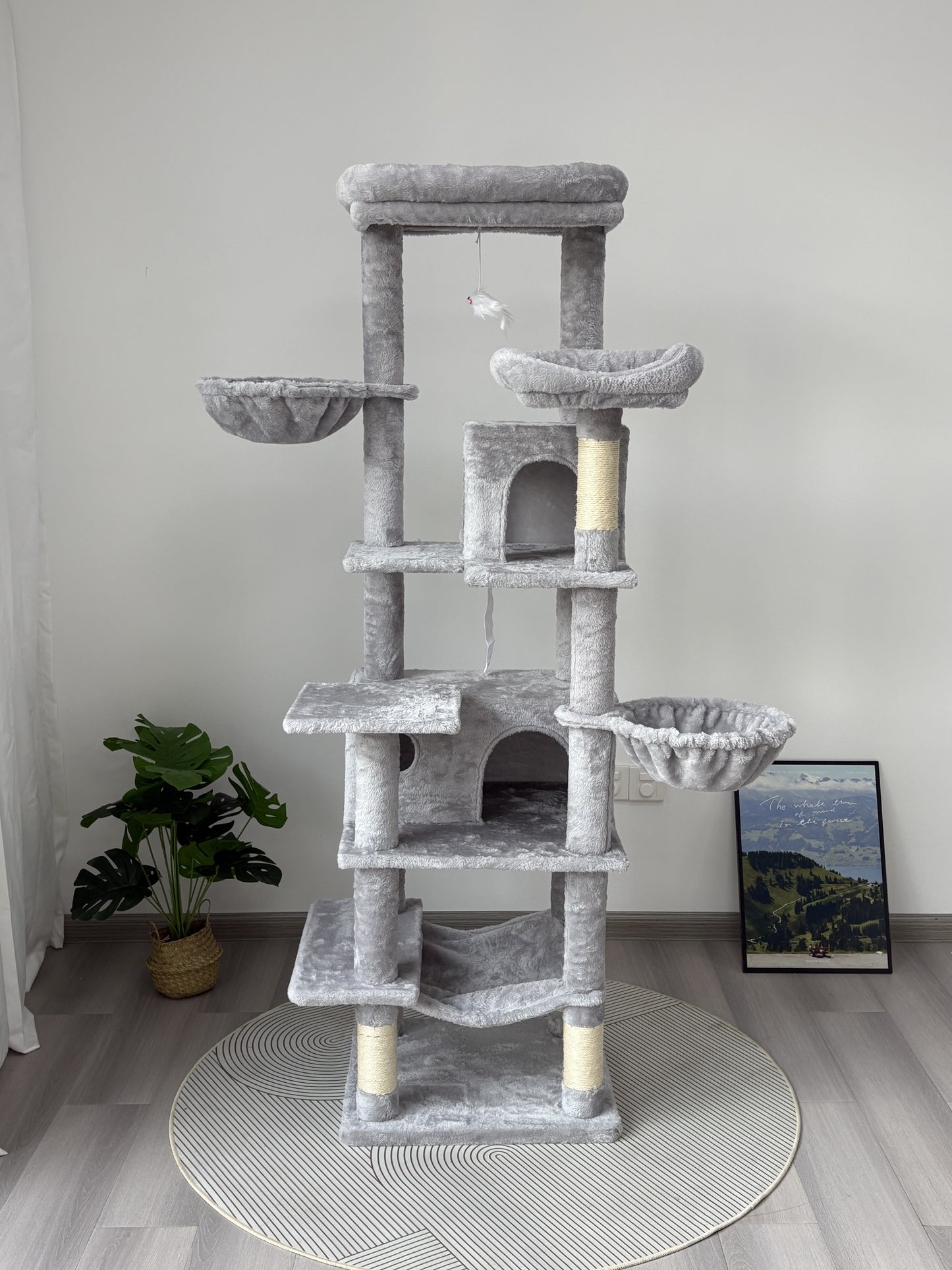 68-Inch Multi-Level Cat Tree with Hammocks and Scratching Posts - Light Gray