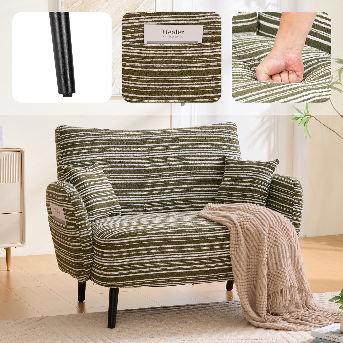 Modern Olive Green Two-Seater Sofa with Armrest Pillows & Storage