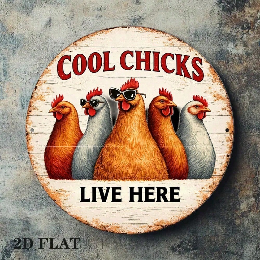 Funny Chicken Round Sign - Retro Farmhouse Decor - 8x8in Tin
