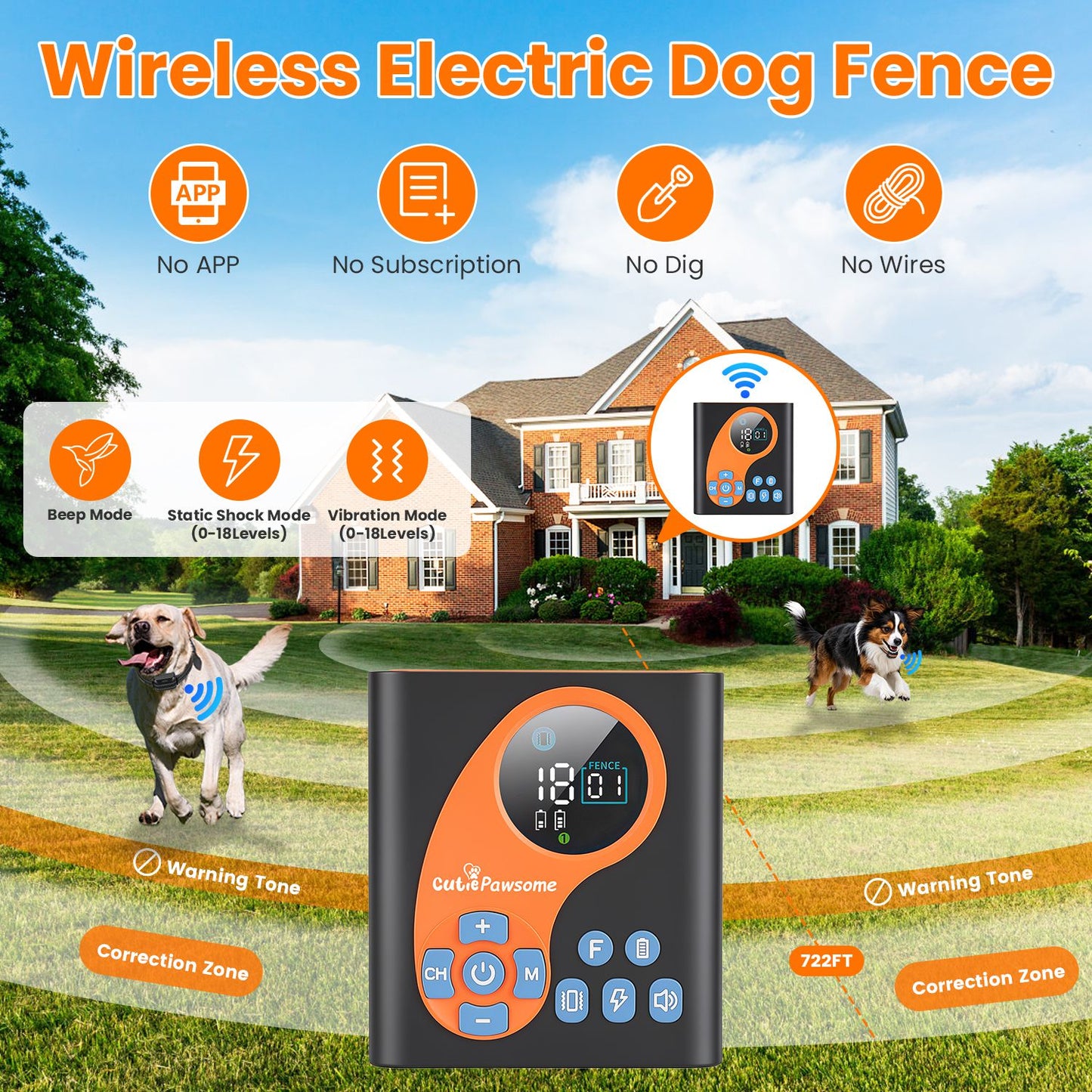 Wireless Dog Fence System with Training Collar, Waterproof, Adjustable Range 722FT