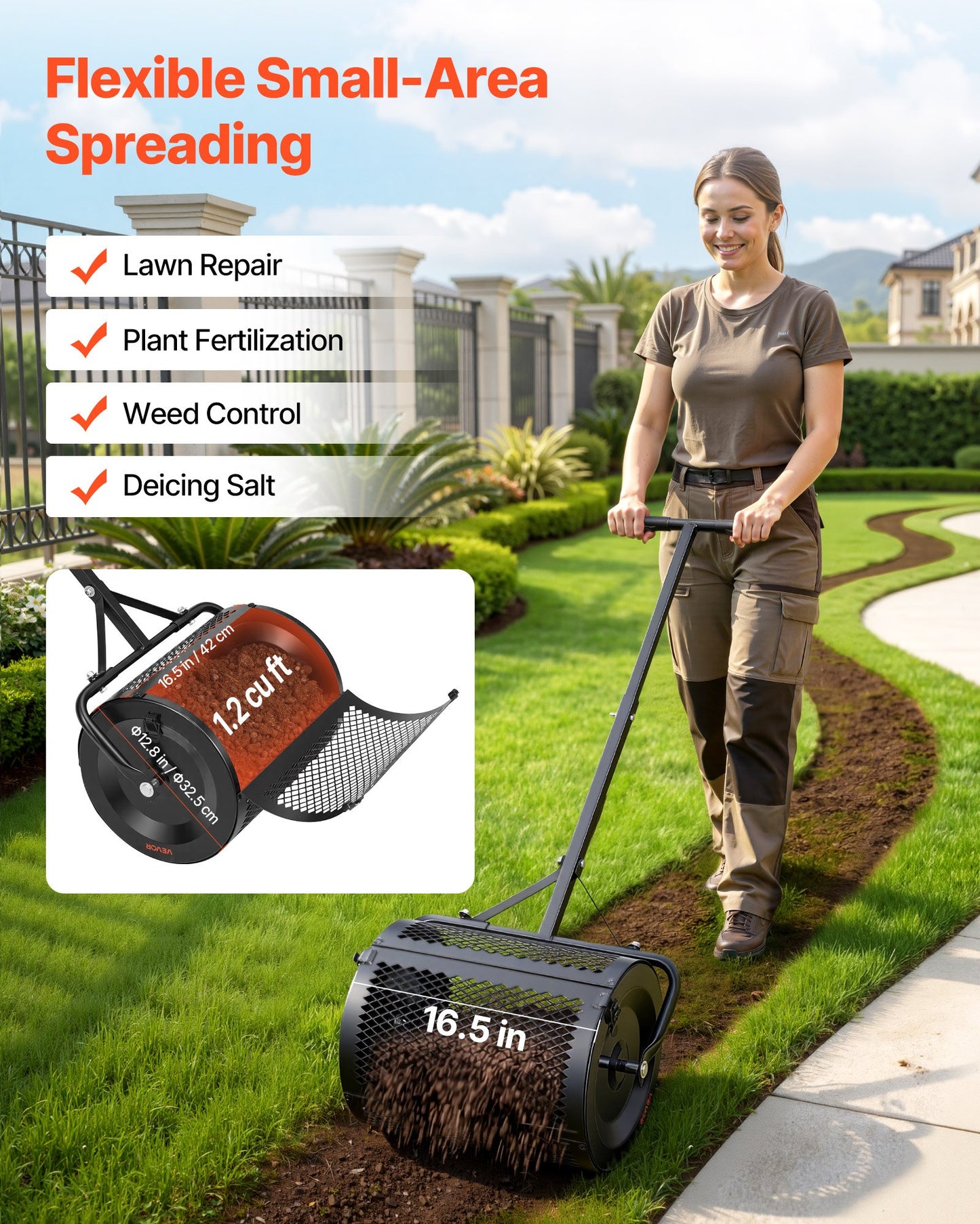 Garden Compost Spreader 16.5-Inch Wide Peat Moss & Soil Roller with T-Handle