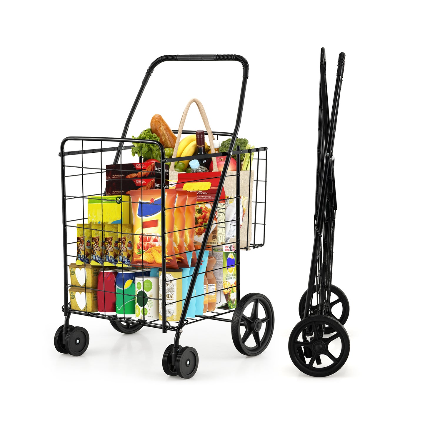 Folding Shopping Cart with Swiveling Wheels and Dual Baskets