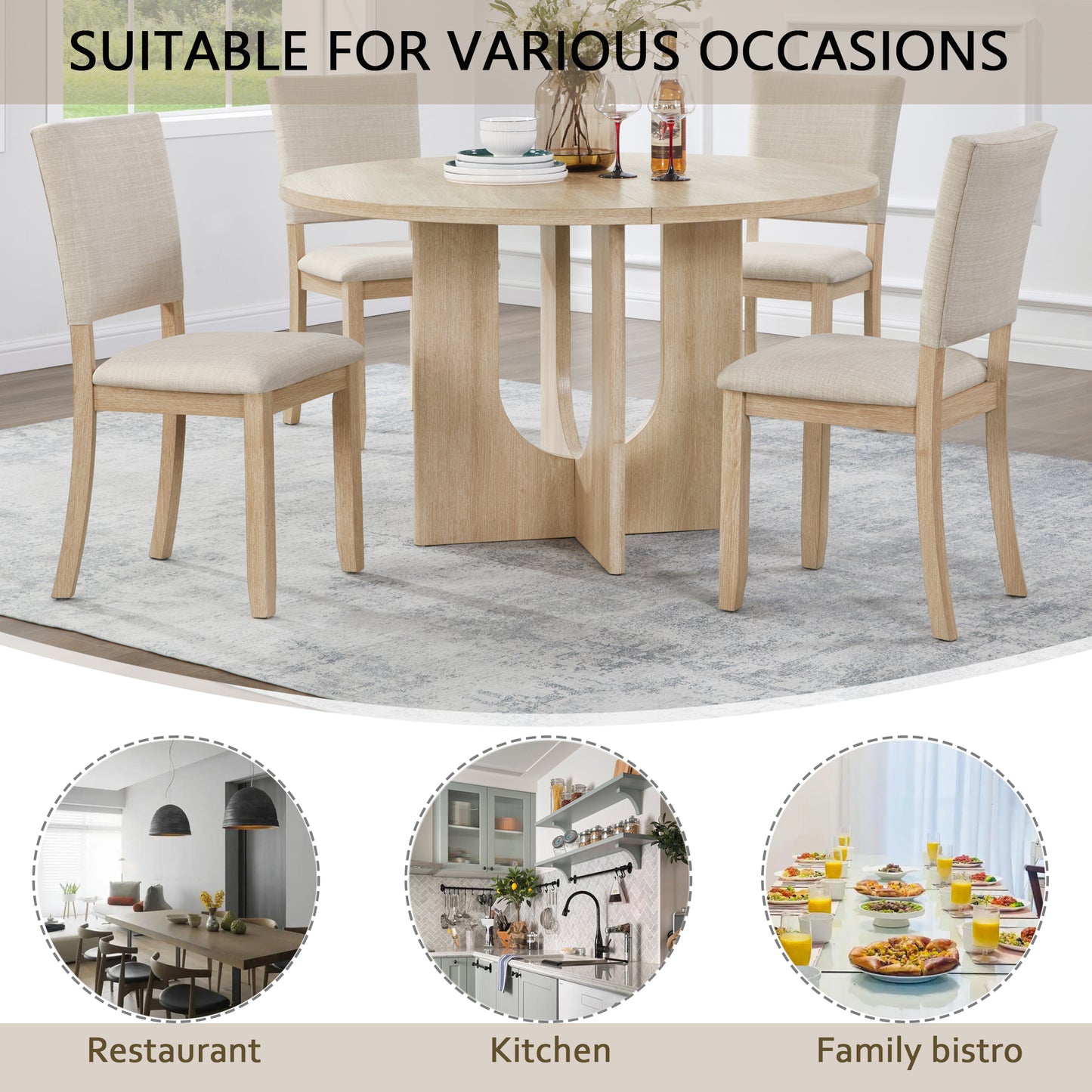 47.3" Round Dining Set with 4 Upholstered Chairs - Light Oak & Beige
