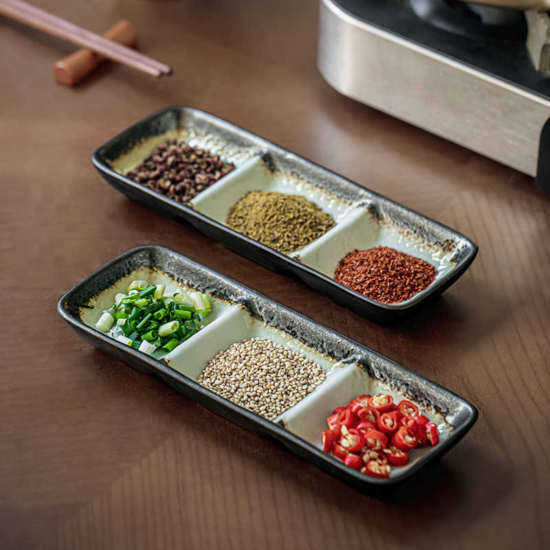 7.5-Inch Korean Ceramic Seasoning Dish with Three Grids - Retro Tableware