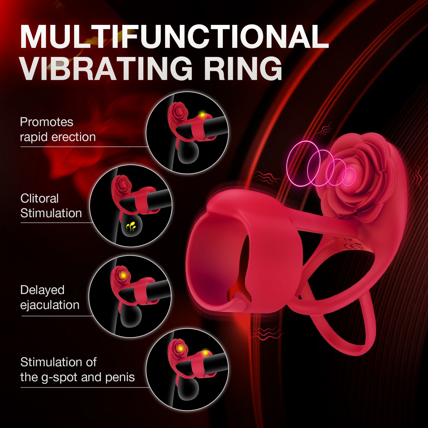 3 in 1 Rose Vibrating Cock Ring - Dual Motor, 10 Modes, Remote Control