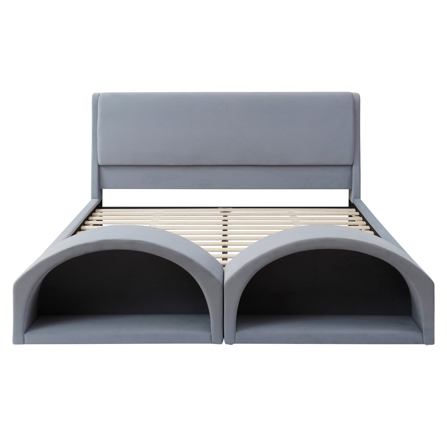 Queen Size Upholstered Platform Bed Frame with Dual Cat Caves & LED Pet Nests - Gray