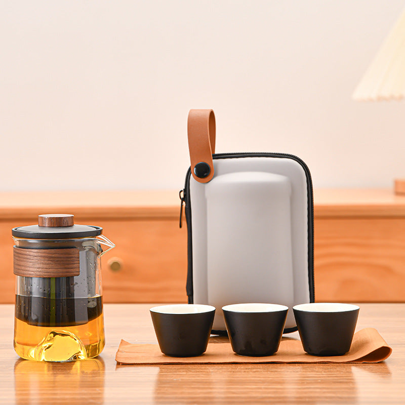 Outdoor Travel Tea Set with Canister Tray & Caddy - Portable Ceramic Tea Kit