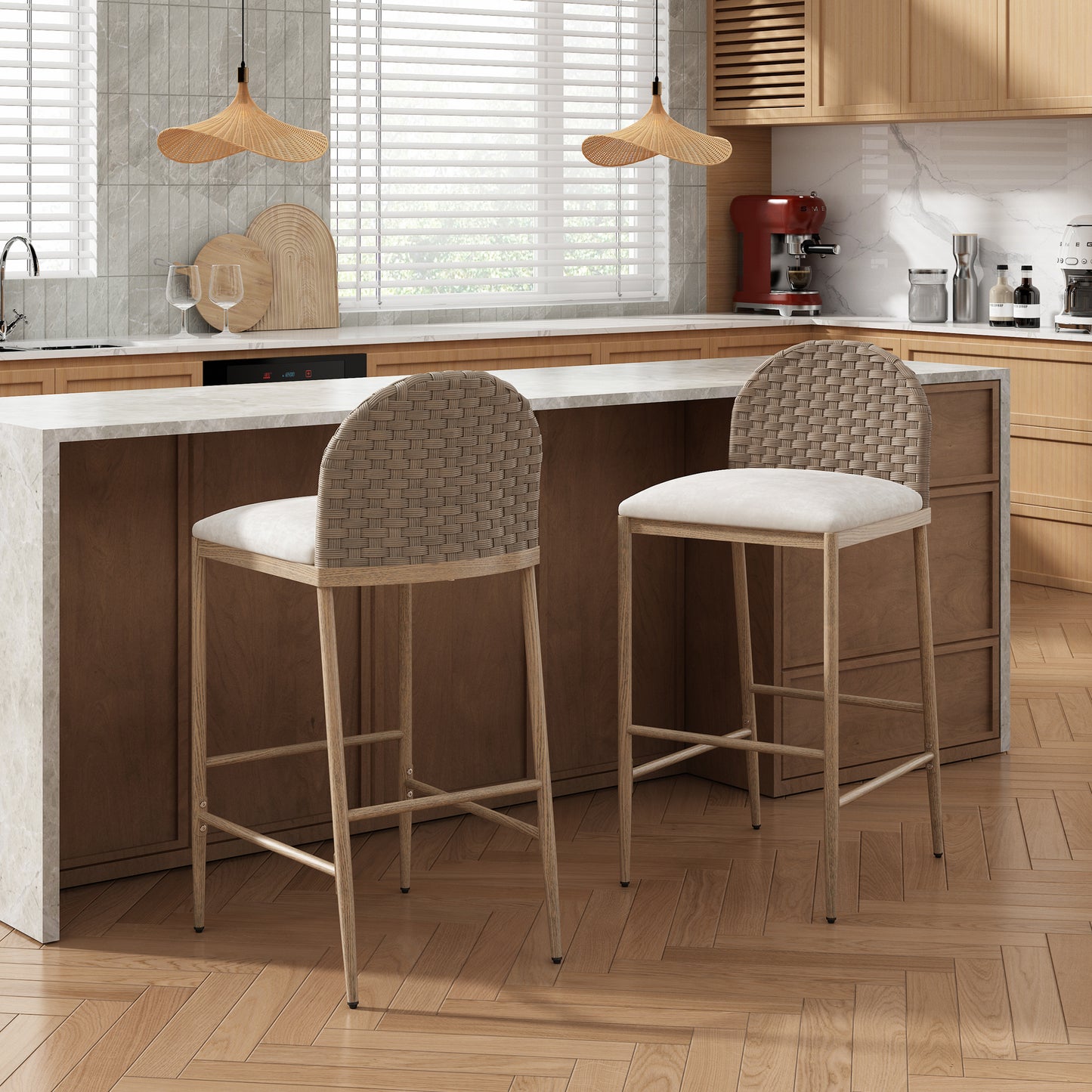 Farmhouse Barstools Set of 2 - Upholstered Iron Counter Stools with Rattan Backrest - Brown Beige