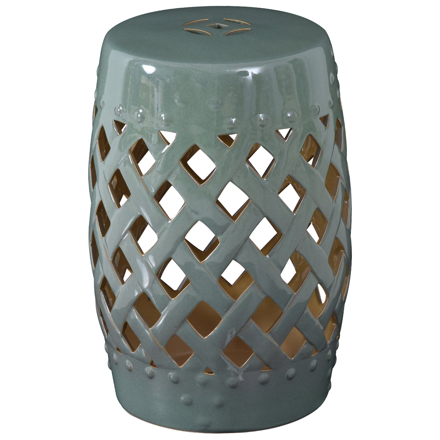 Ceramic Garden Stool - Woven Lattice Design, Green