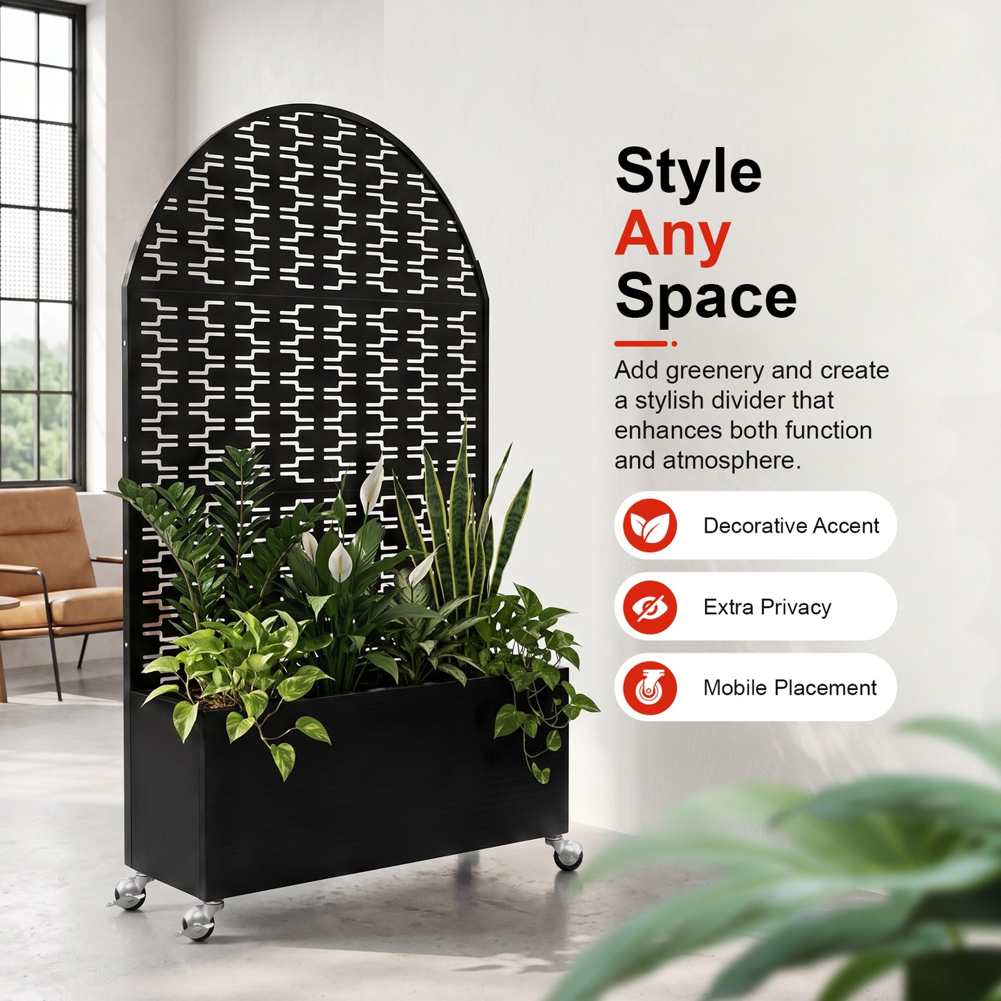 Decorative Arched Privacy Screen with Planter Box - Black
