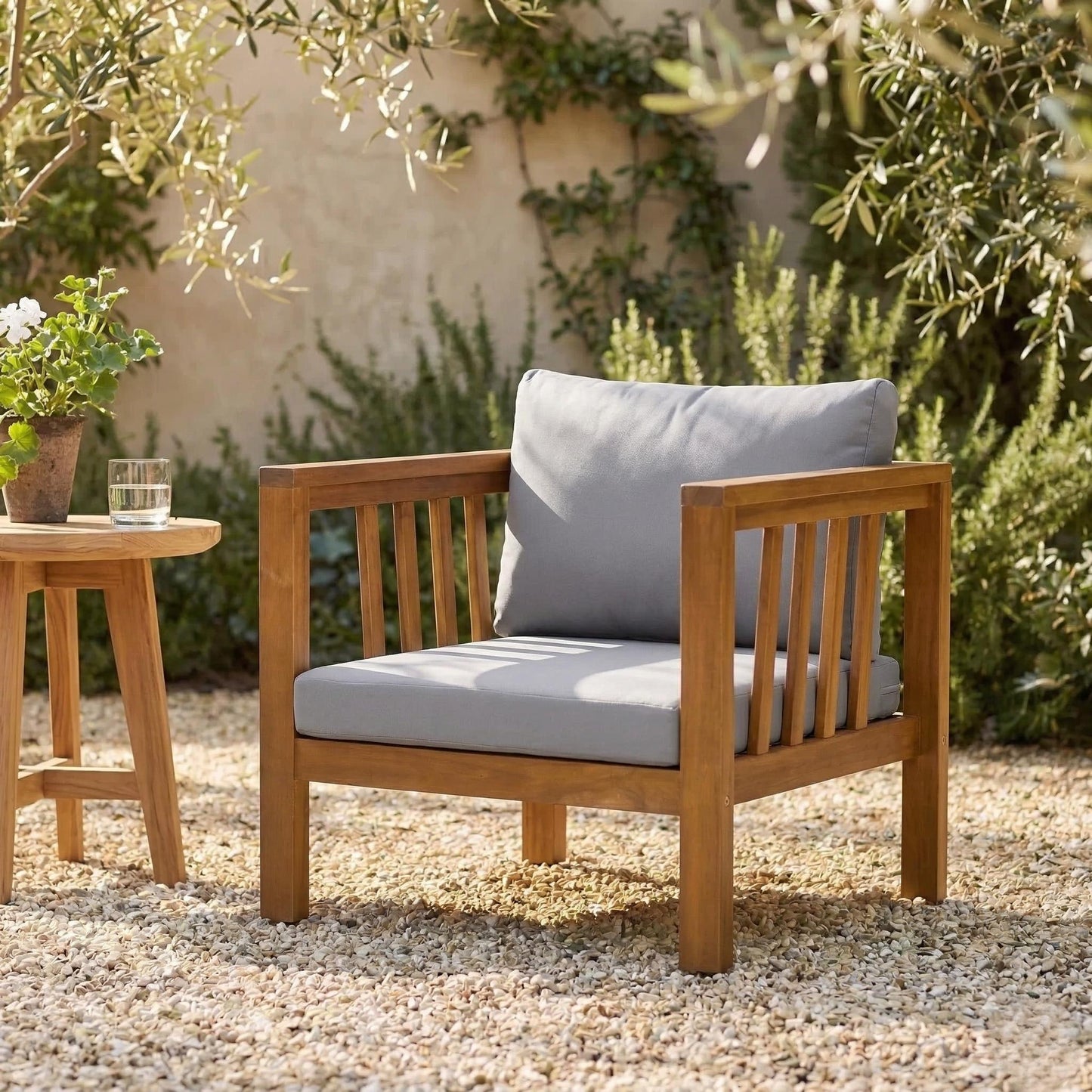 Outdoor Acacia Wood Club Chair With Modern Square Arms, Patio Thick