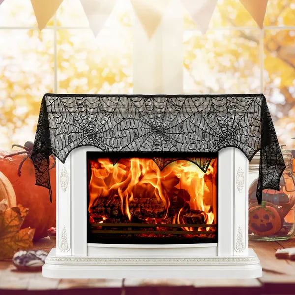 Halloween Black Lace Spiderweb Mantle Scarf - 96 x 18 Inch