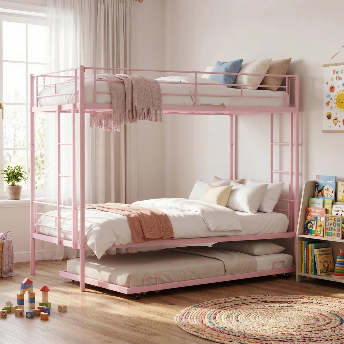 Twin Over Twin Bunk Bed with Trundle, Dual Ladder & Safety Rails