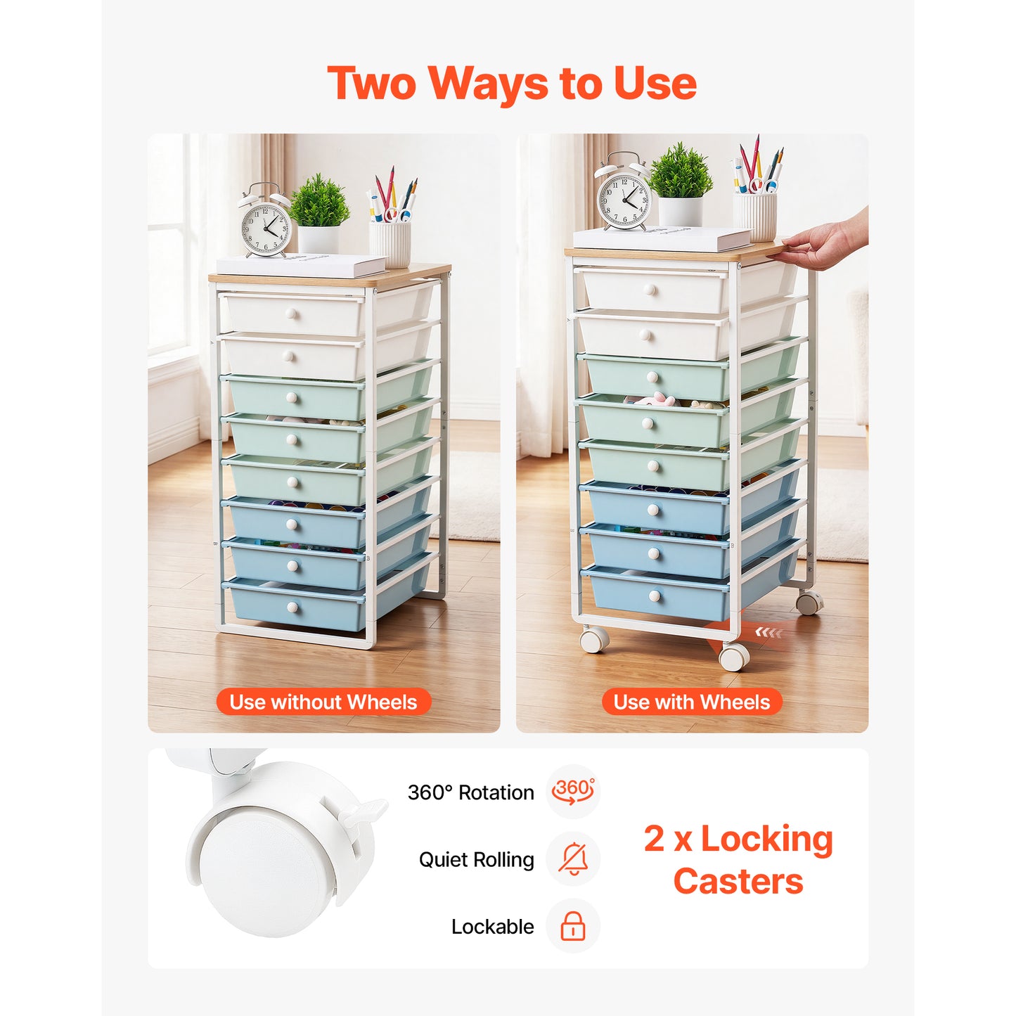 Rolling Storage Cart with 8 Drawers and Wood Top - Mobile Utility Organizer, Green Blue