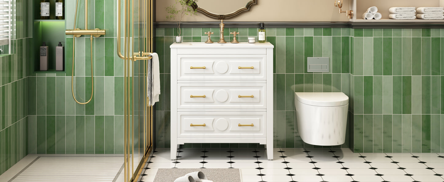 30'' White Bathroom Vanity with Ceramic Sink and 3 Drawers