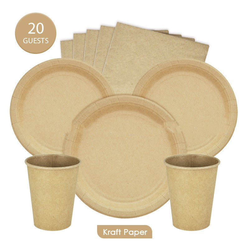 Disposable Kraft Paper Dinnerware Set with Plates Cups Towels Food Service