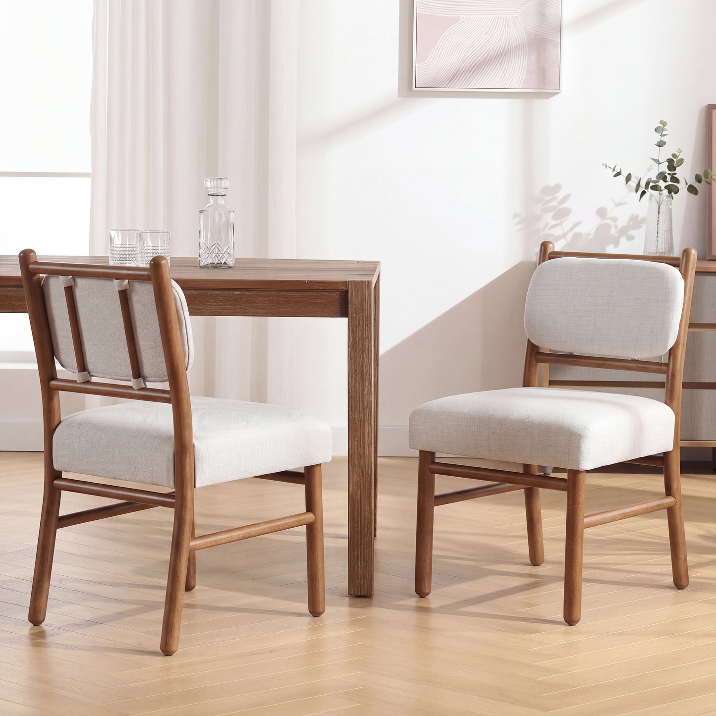 Modern Armless Dining Chairs Set of 2 - Beige Fabric & Dark Walnut
