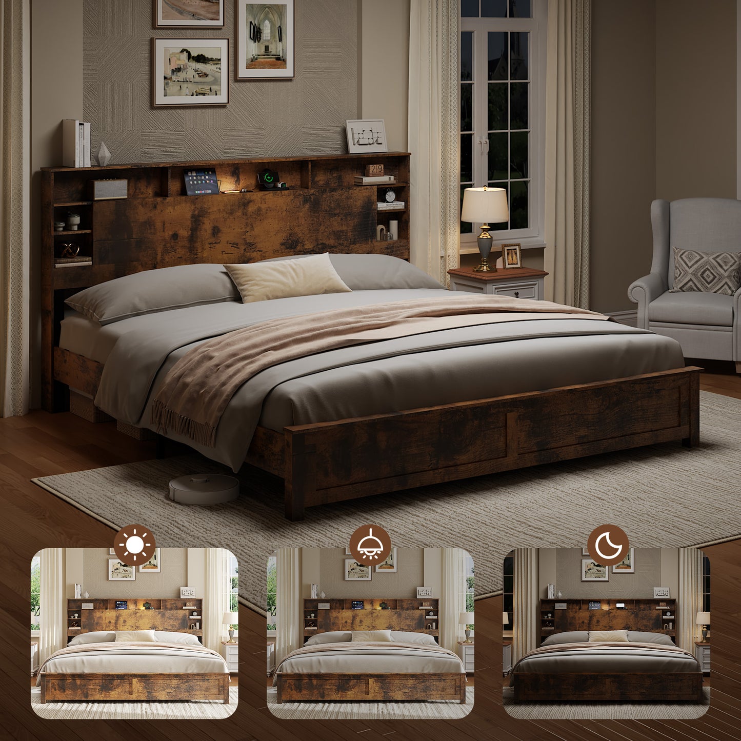 King Platform Bed Frame with Bookcase Headboard & LED Lighting