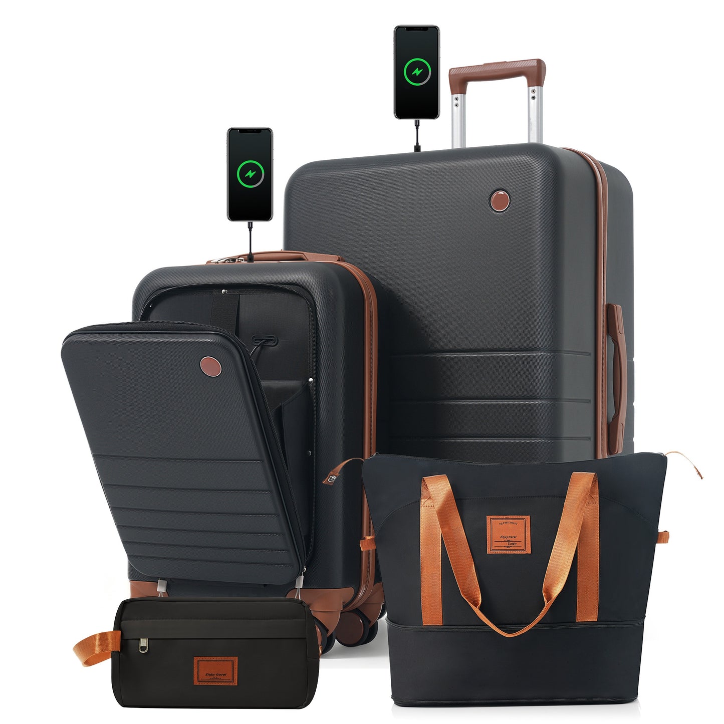 4-Piece Luggage Set with USB Charging Ports - Black & Brown