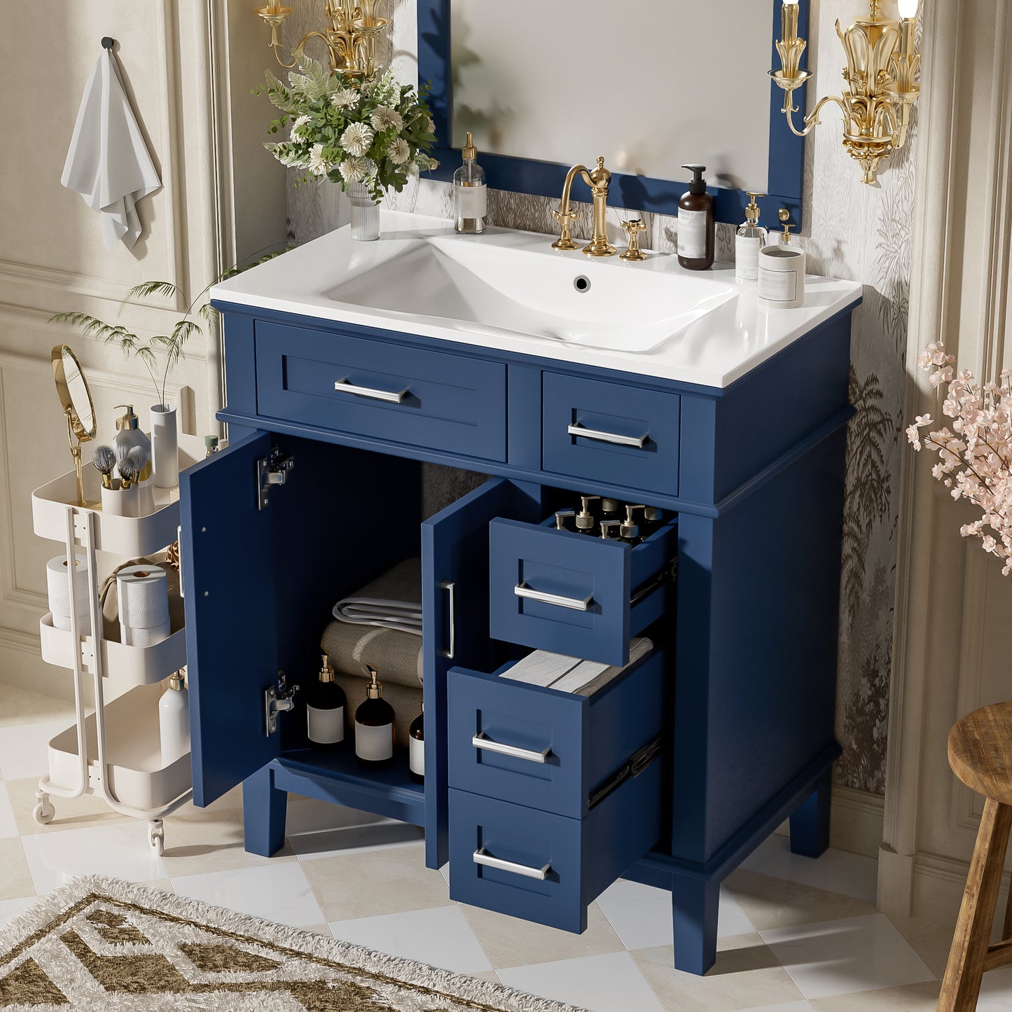 30" Blue Bathroom Vanity with Ceramic Sink & Soft-Close Doors