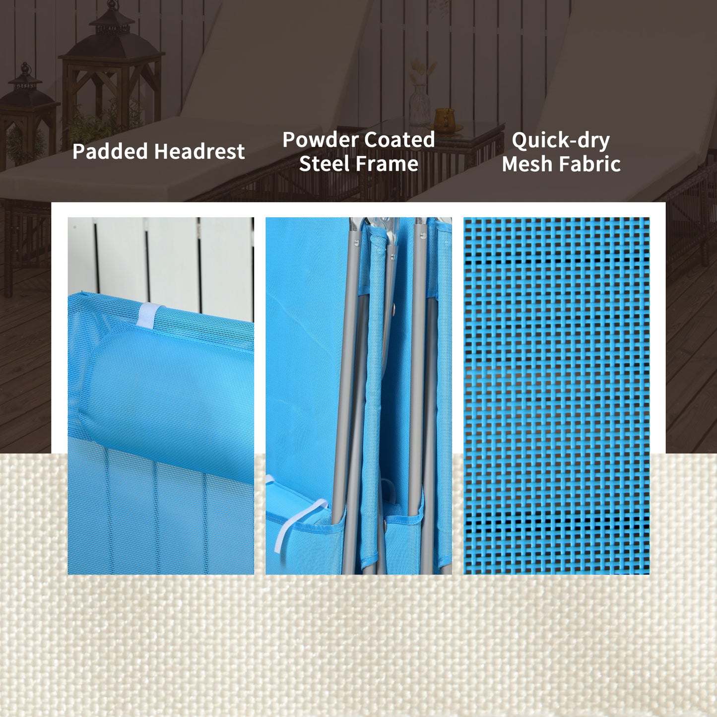 2-Piece Folding Lounge Chairs Set - Blue Mesh with Reclining Back